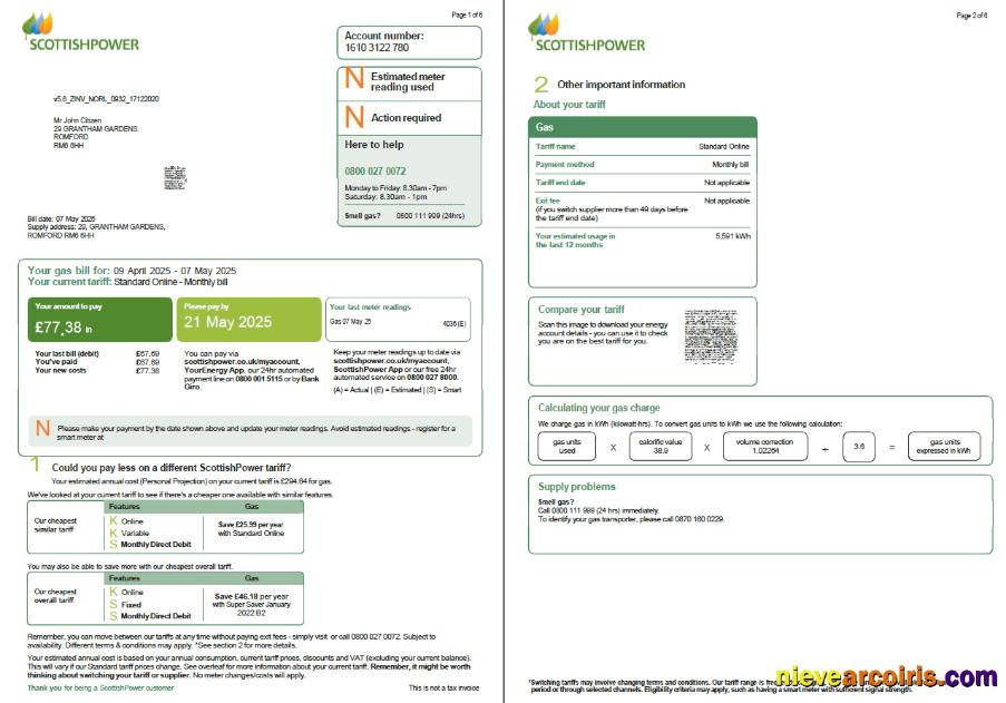 Scotland Scottish Power utility bill, 6 pages, 1-2 pages